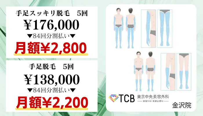 TCB東京中央美容外科金沢比較料金腕・脚