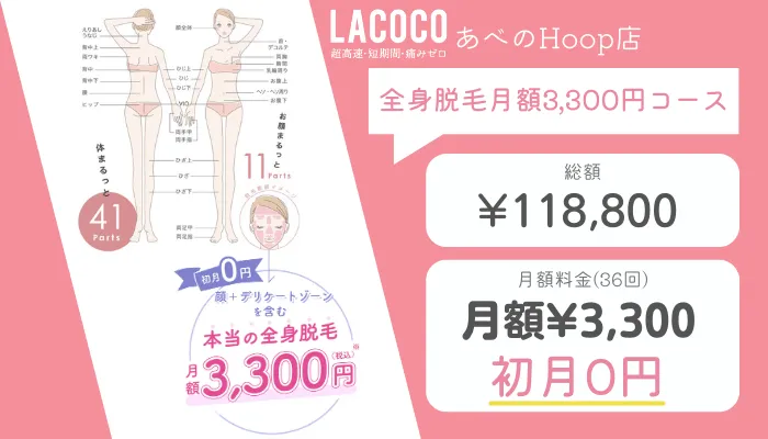 ラココあべのHoop店全身脱毛月額3300円コース