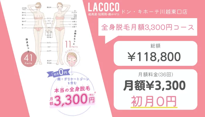 ラココドン・キホーテ川越東口店全身脱毛月額3300円コース