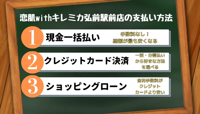 恋肌withキレミカ弘前駅前店の支払い方法