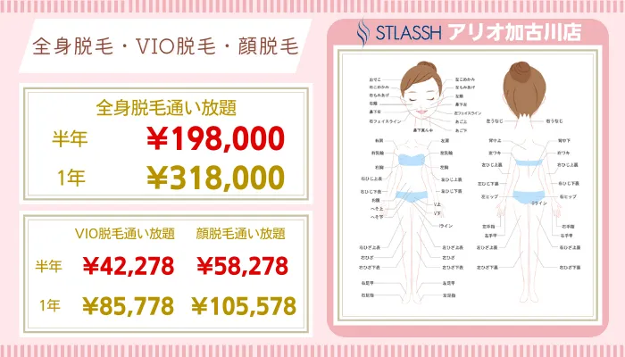 ストラッシュ加古川比較全身・VIO・顔脱毛料金