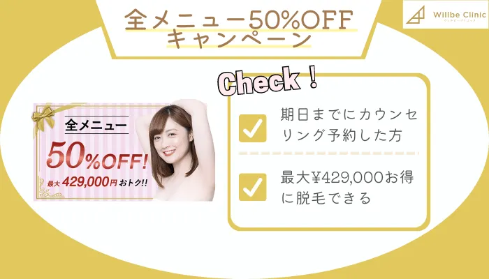 ウィルビークリニック50％キャンペーンOFF