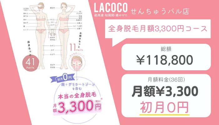 ラココせんちゅうパル店全身脱毛月額3300円コース