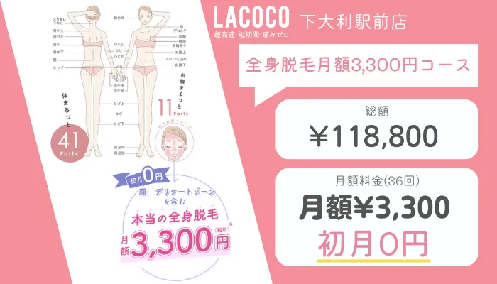 ラココ下大利駅前店全身脱毛月額3300円コース