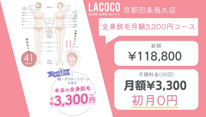 ラココ京都四条烏丸店全身脱毛月額3300円コース