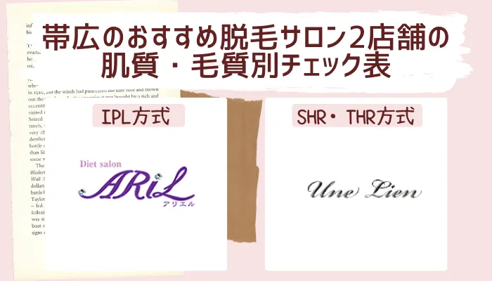 帯広のおすすめ脱毛サロン2店舗の肌質・毛質別チェック表