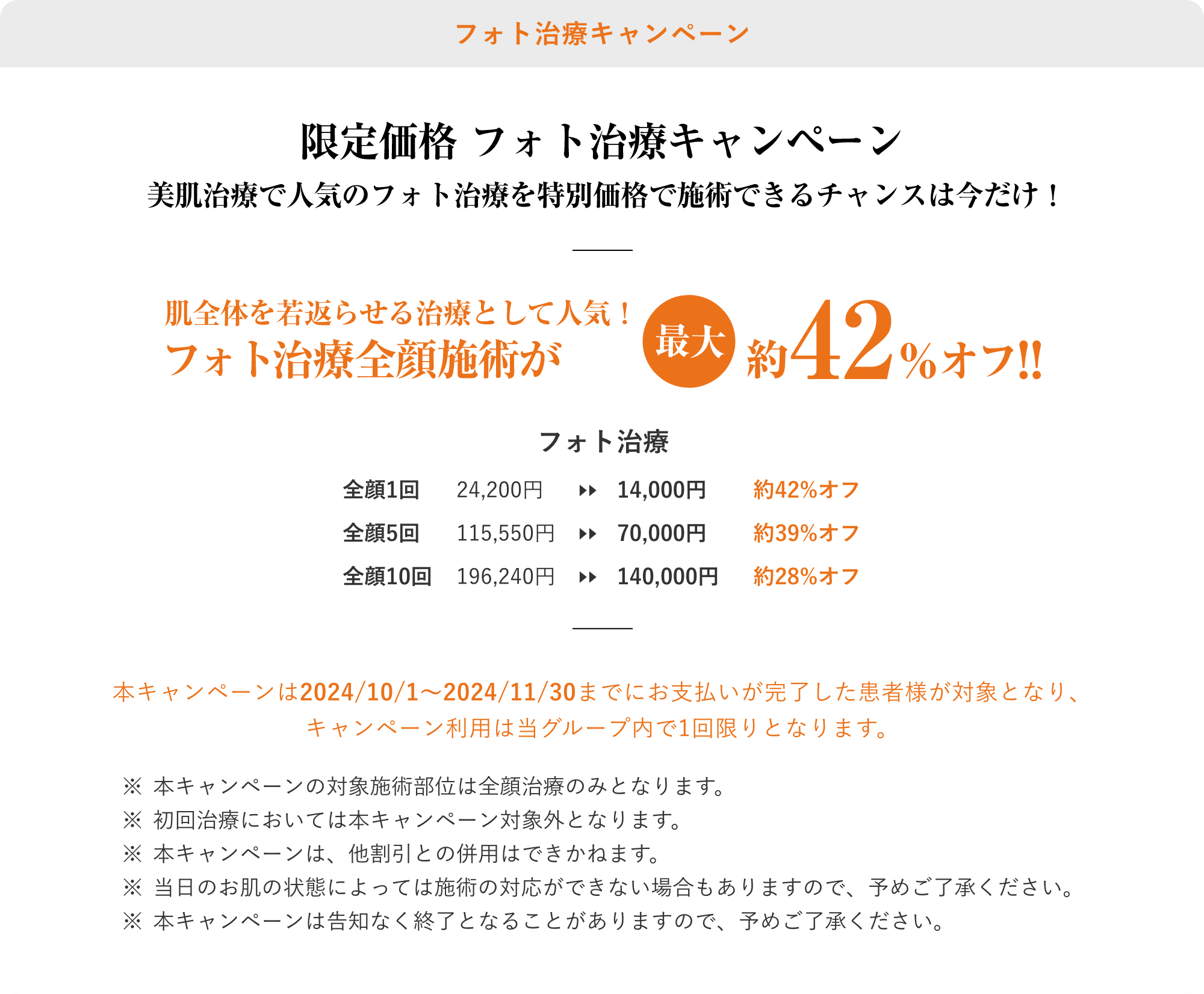 フォト治療キャンペーン、最大約42%OFF