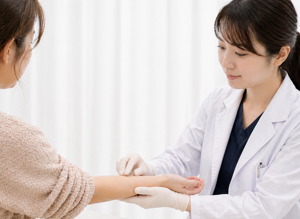 医師が患者の腕を触診している様子